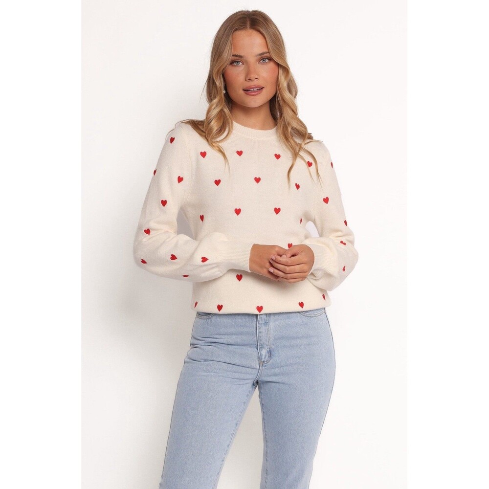 Petal & Pup Cozy Heart Sweater Sz L White Red Loose Fit Fuzzy Extra Soft